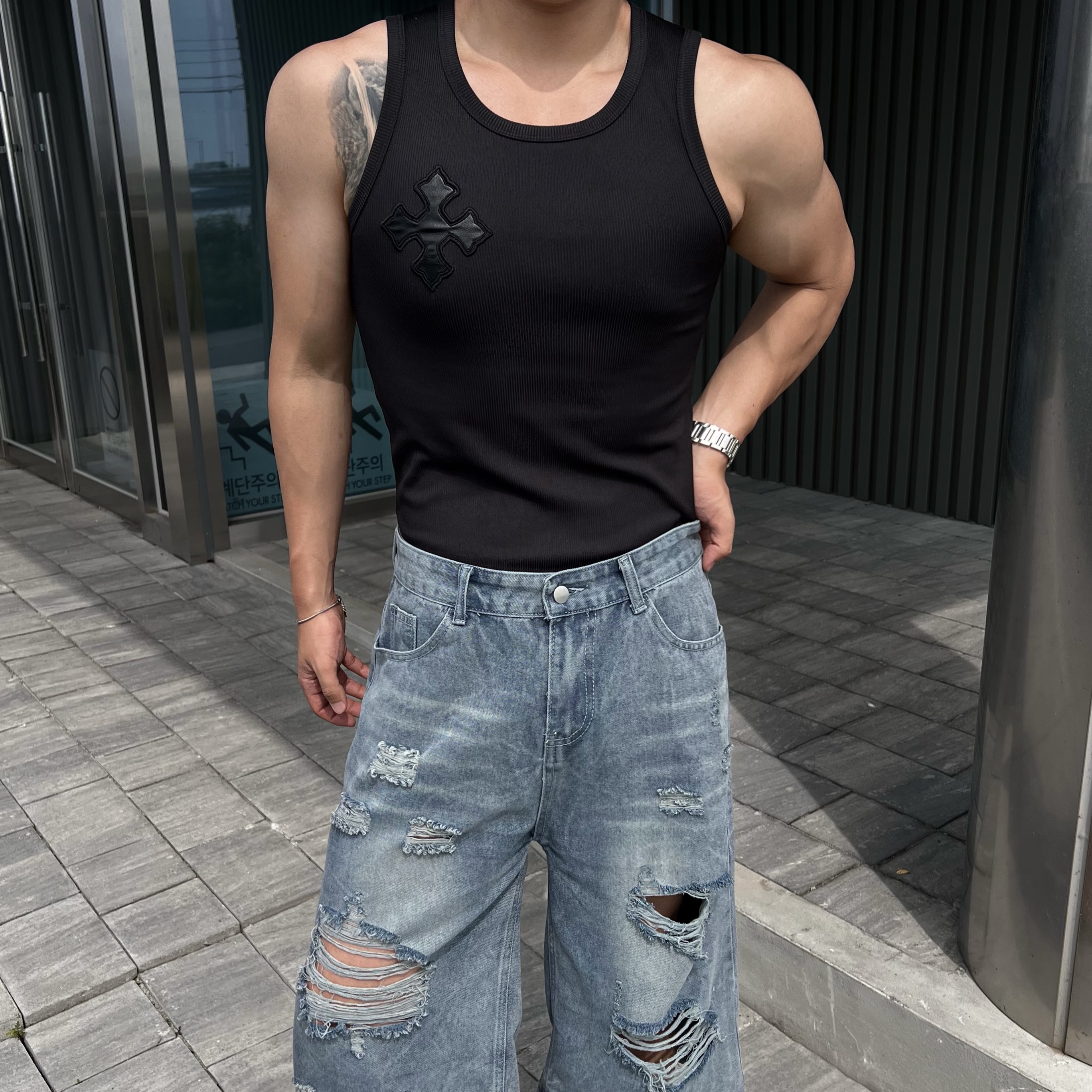 원 찢청 데님 워싱 버뮤다 팬츠 (1color)
