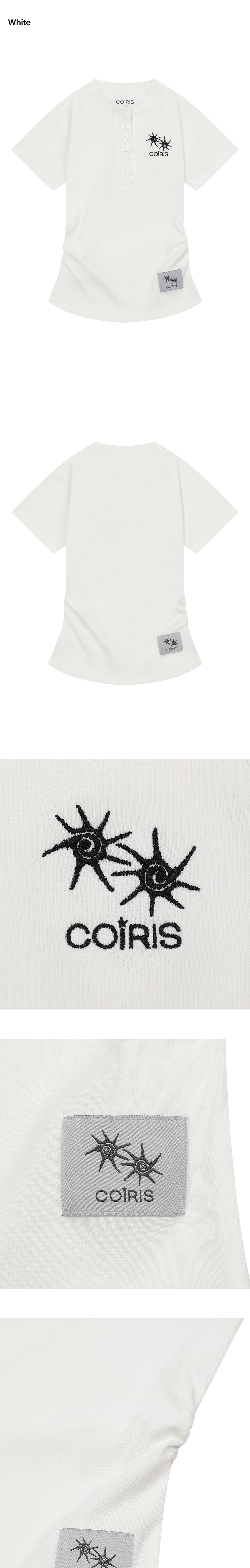 HENLEY NECK SHIRRING SHORT SLEEVE TEE - 2 COLORS WHITE
