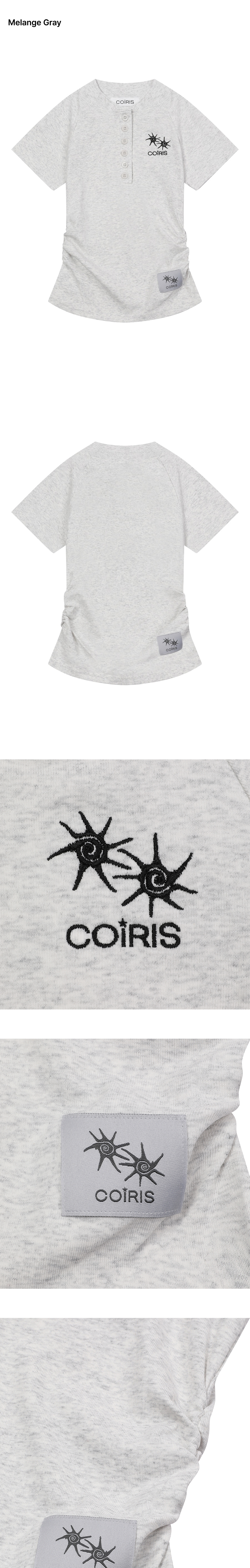HENLEY NECK SHIRRING SHORT SLEEVE TEE - 2 COLORS WHITE