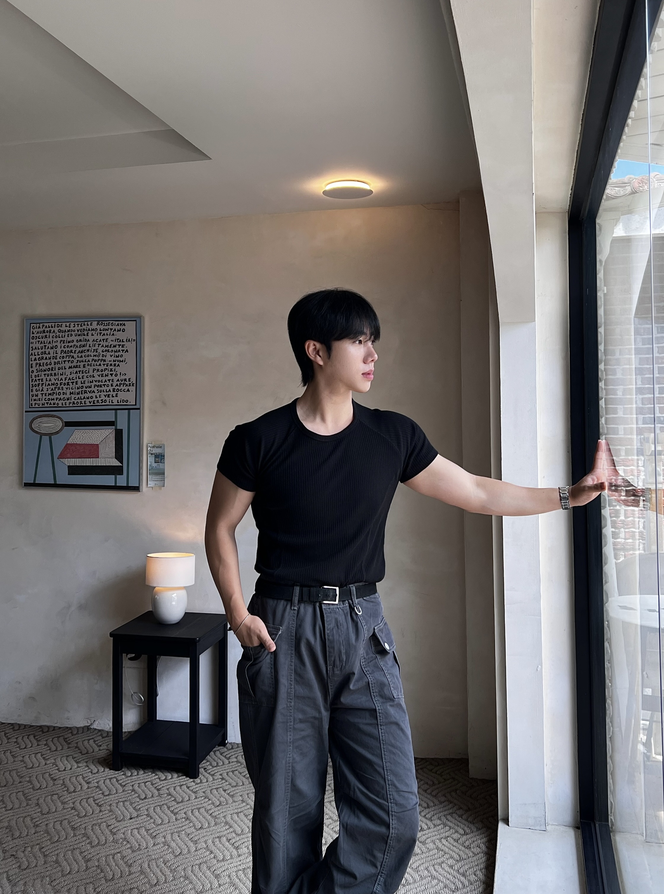원 피그먼트 워싱 카고 절개 팬츠 (1color)