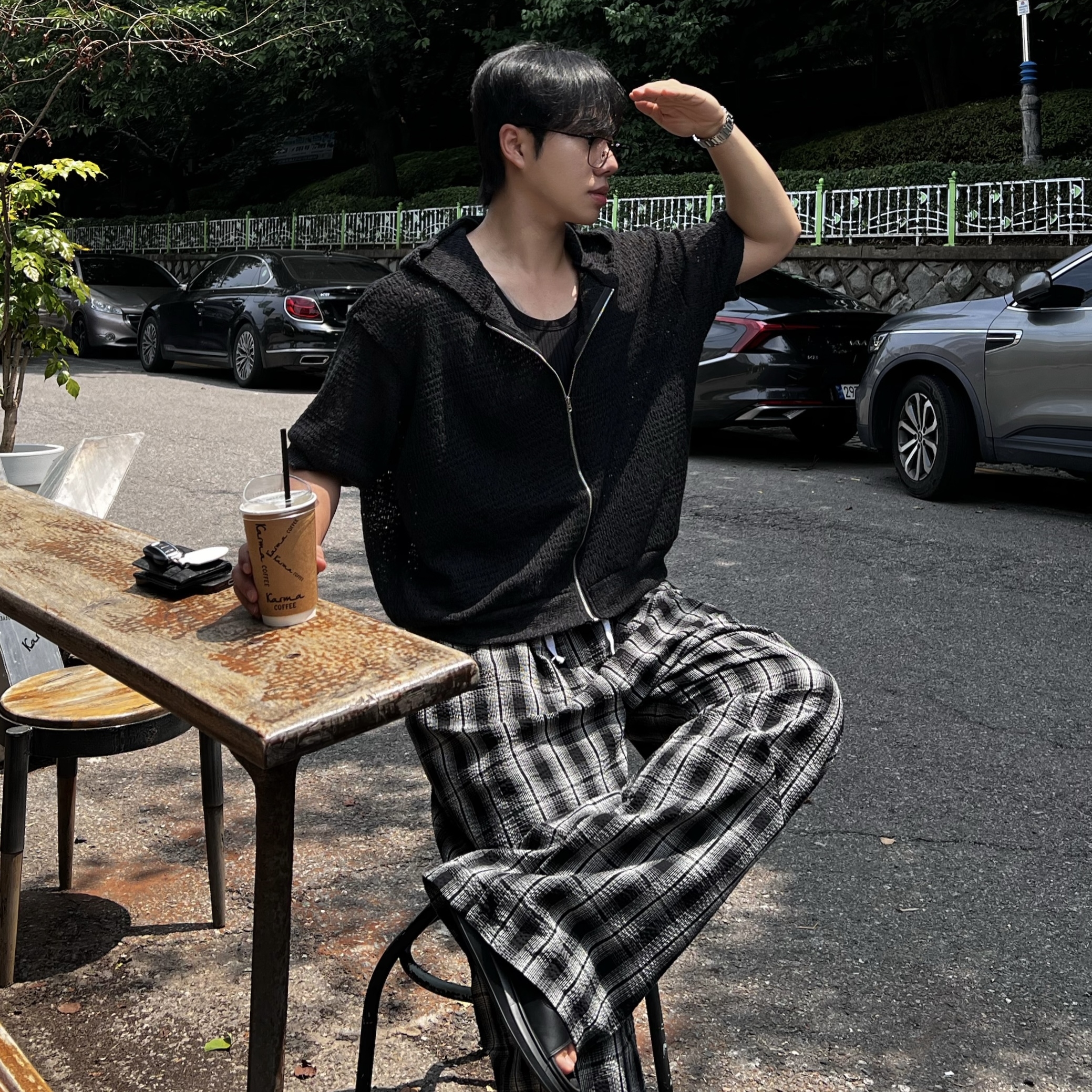 데트 크로쉐 펀칭 크롭 반팔 후드집업 (4color)