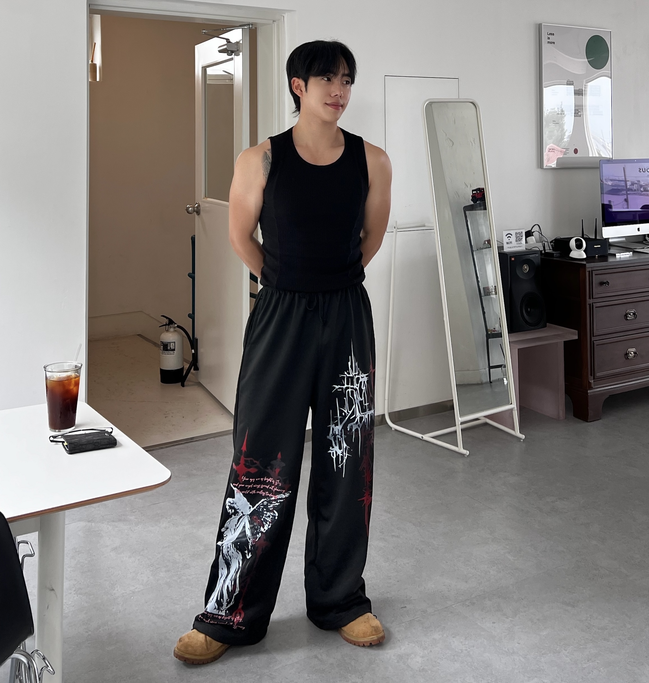 원 레드 다크엔젤 십자가 프린팅 스트링 팬츠 (1color)
