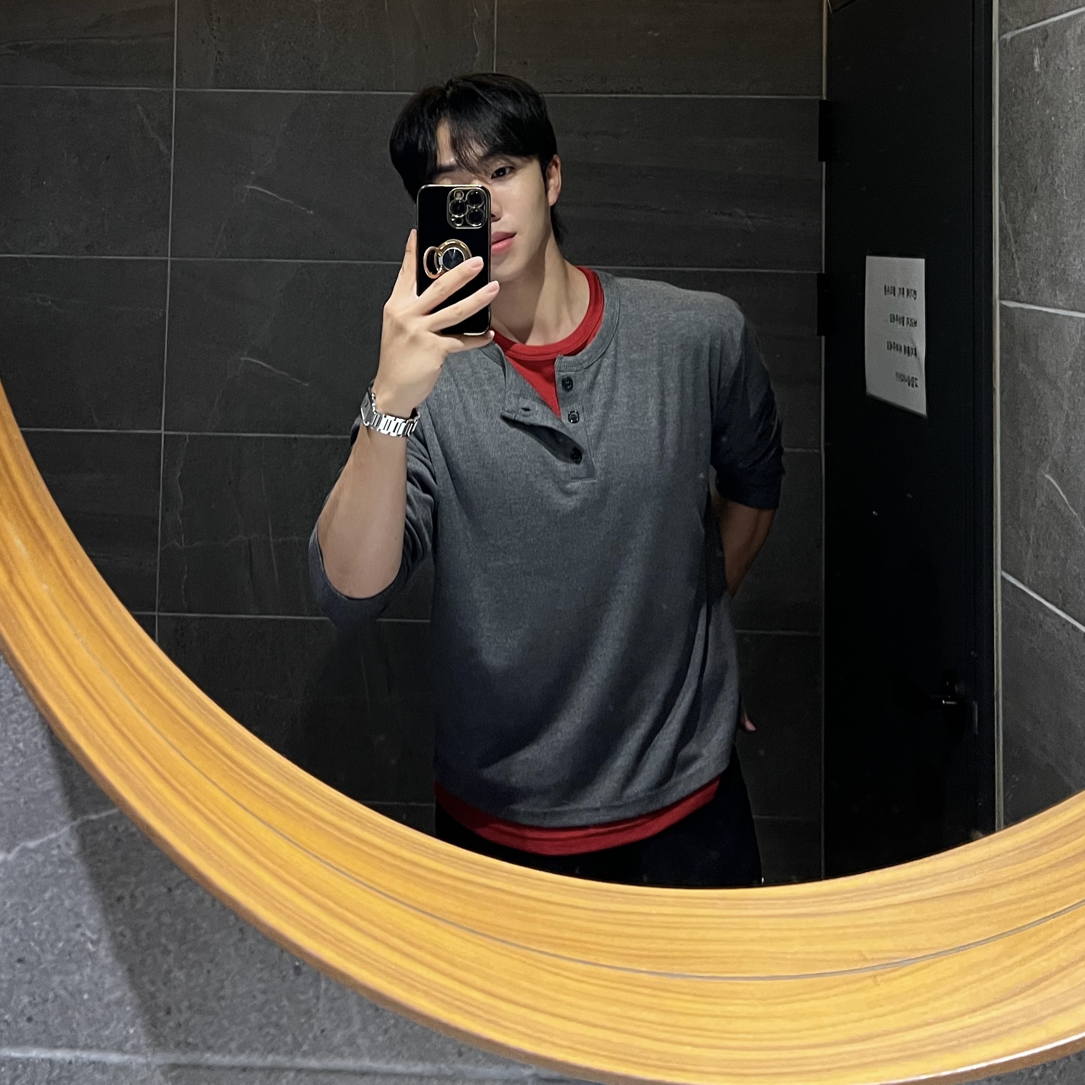 런드 더블 레이어드 헨리넥 니트 긴팔 (4color)
