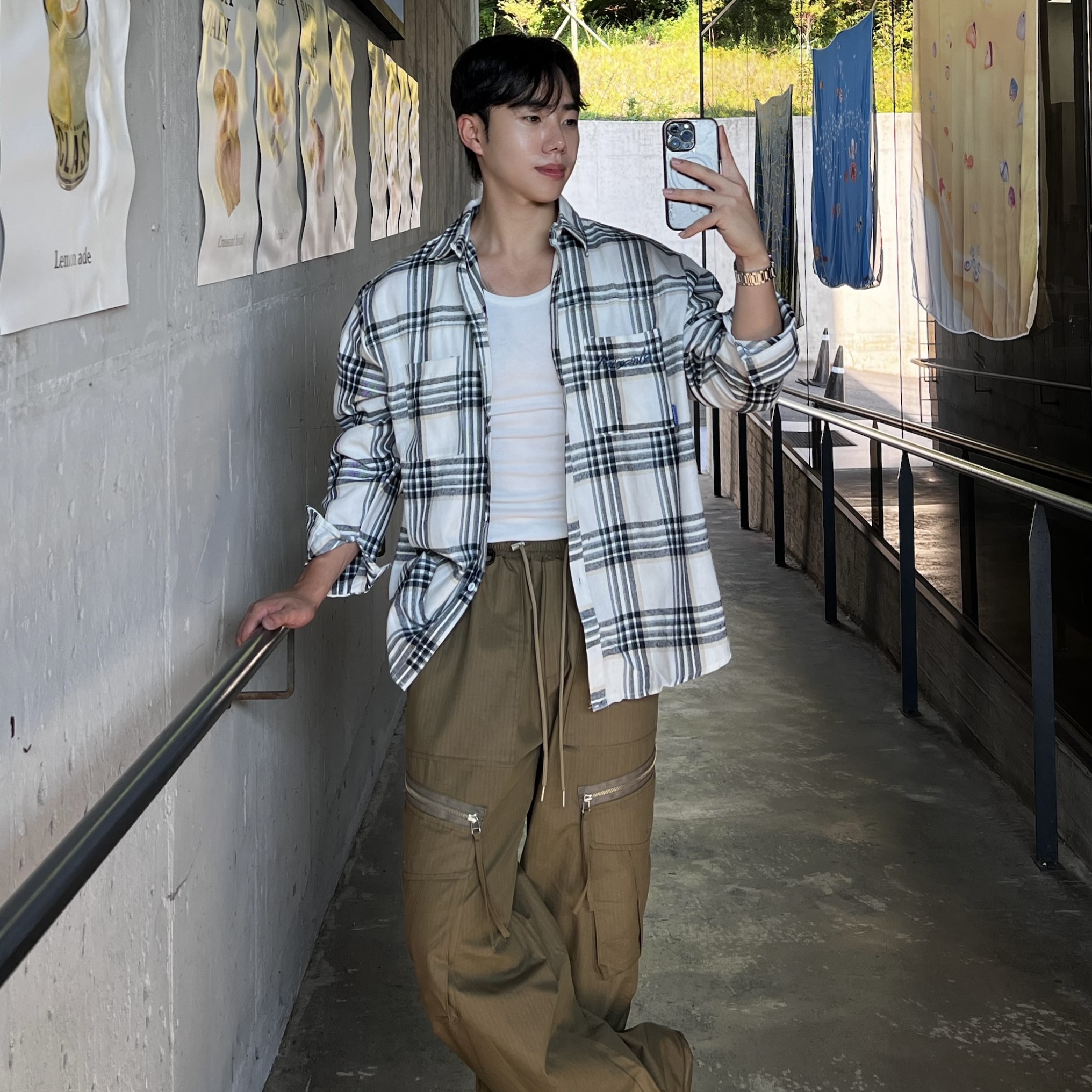원 레터링 포인트 투포켓 체크 셔츠 (2color)