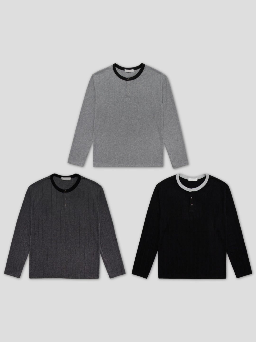 핸드 세이이드 링거 스냅 헨리넥 골지 긴팔 (3color)