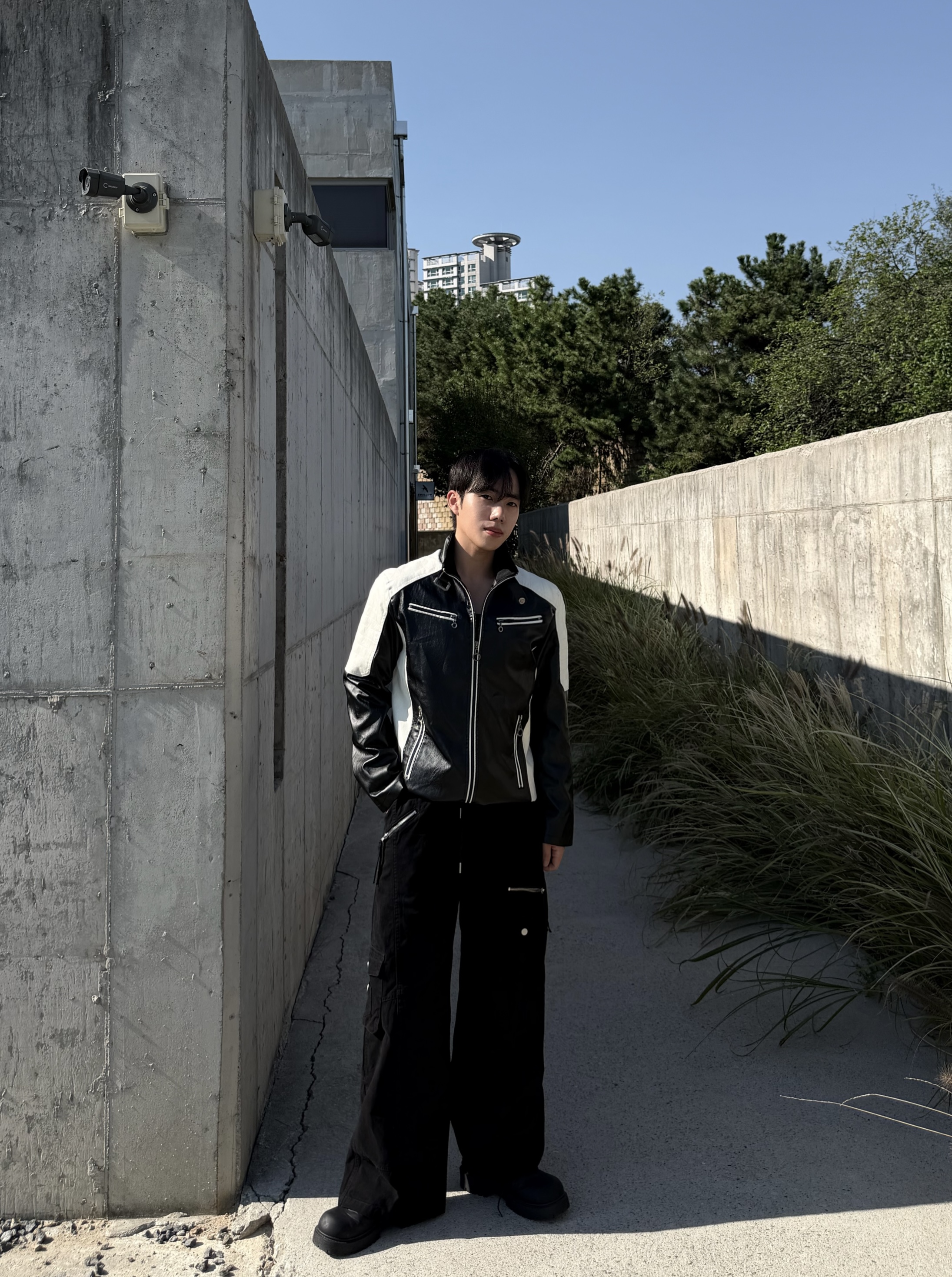 원 모터 레이싱 배색 레더 자켓 (1color)