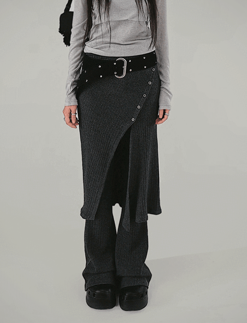 NEEJ LAYERED SET KNIT WRAP SKIRT BOOTCUT PANTS neej-layered-set-knit-wrap-skirt-bootcut-pants