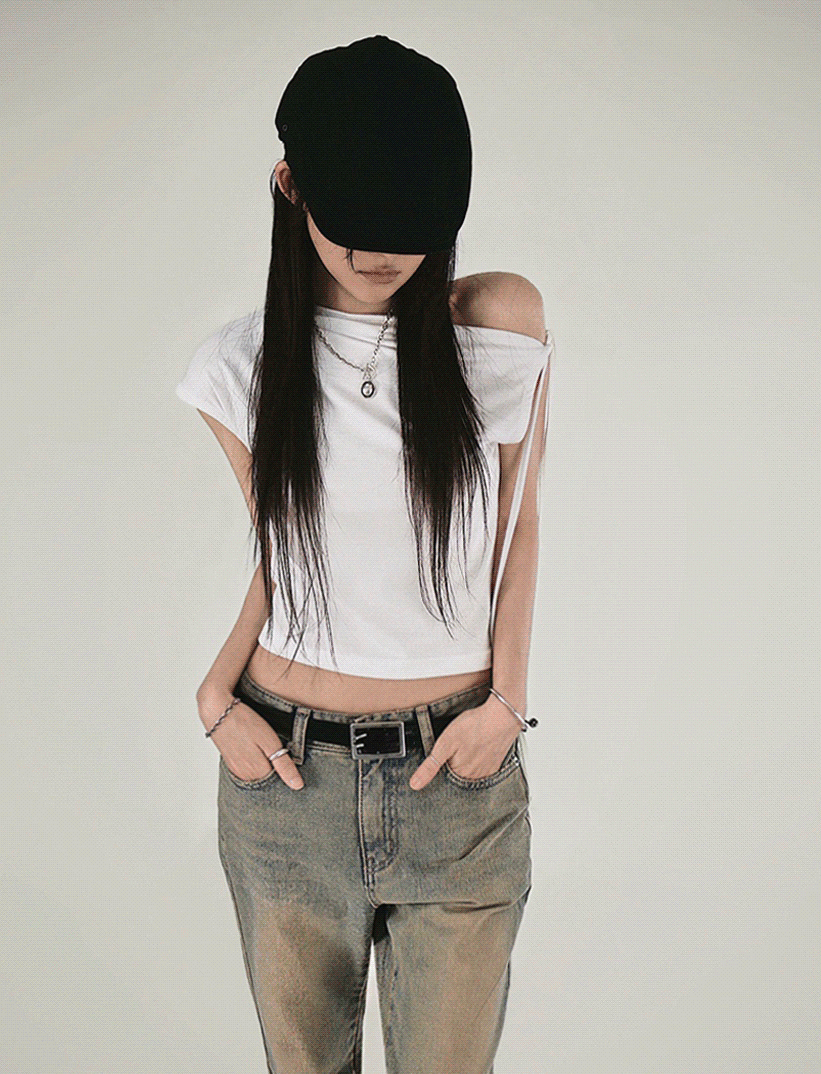 Mine one off shoulder strap unbalanced t shirt 